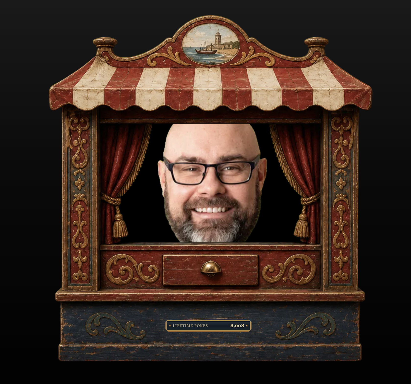 Richard appearing in an ornate seaside puppet machine above a lifetime pokes counter