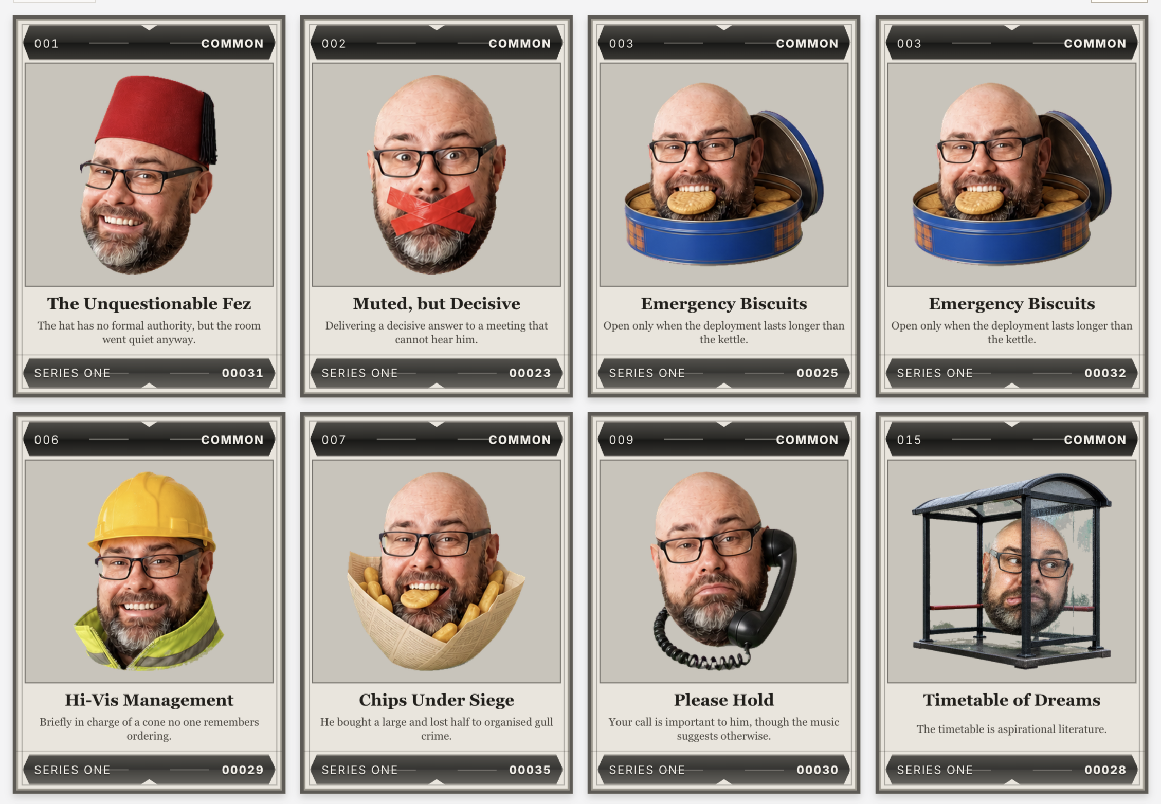 A collection of Richard-themed trading cards, including The Unquestionable Fez, Muted, but Decisive and Emergency Biscuits